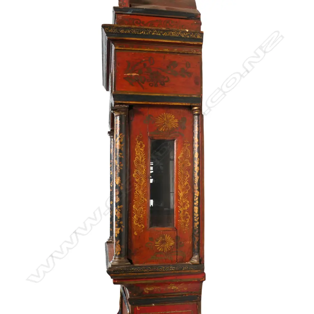 An 18thC red chinoiserie decorated pagoda top longcase clock, Image 1++
