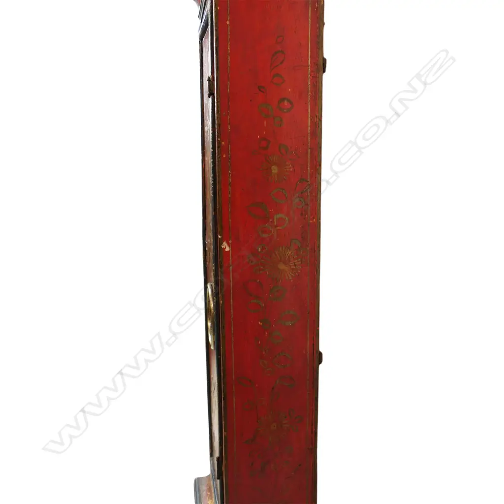 An 18thC red chinoiserie decorated pagoda top longcase clock, Image 1++