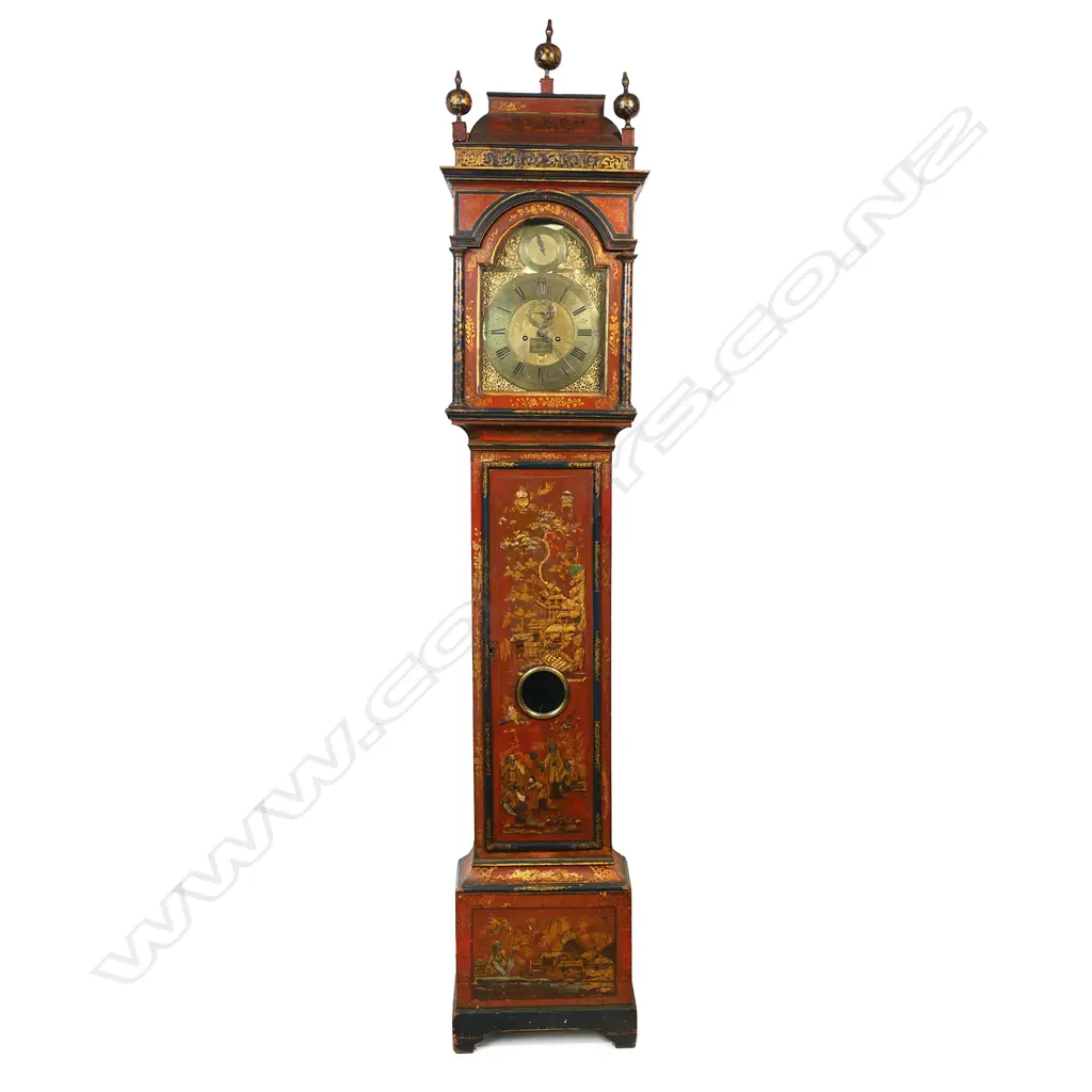 An 18thC red chinoiserie decorated pagoda top longcase clock, Image 1++