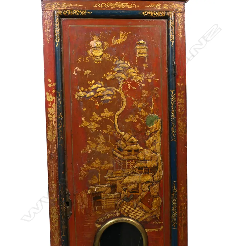 An 18thC red chinoiserie decorated pagoda top longcase clock, Image 1++