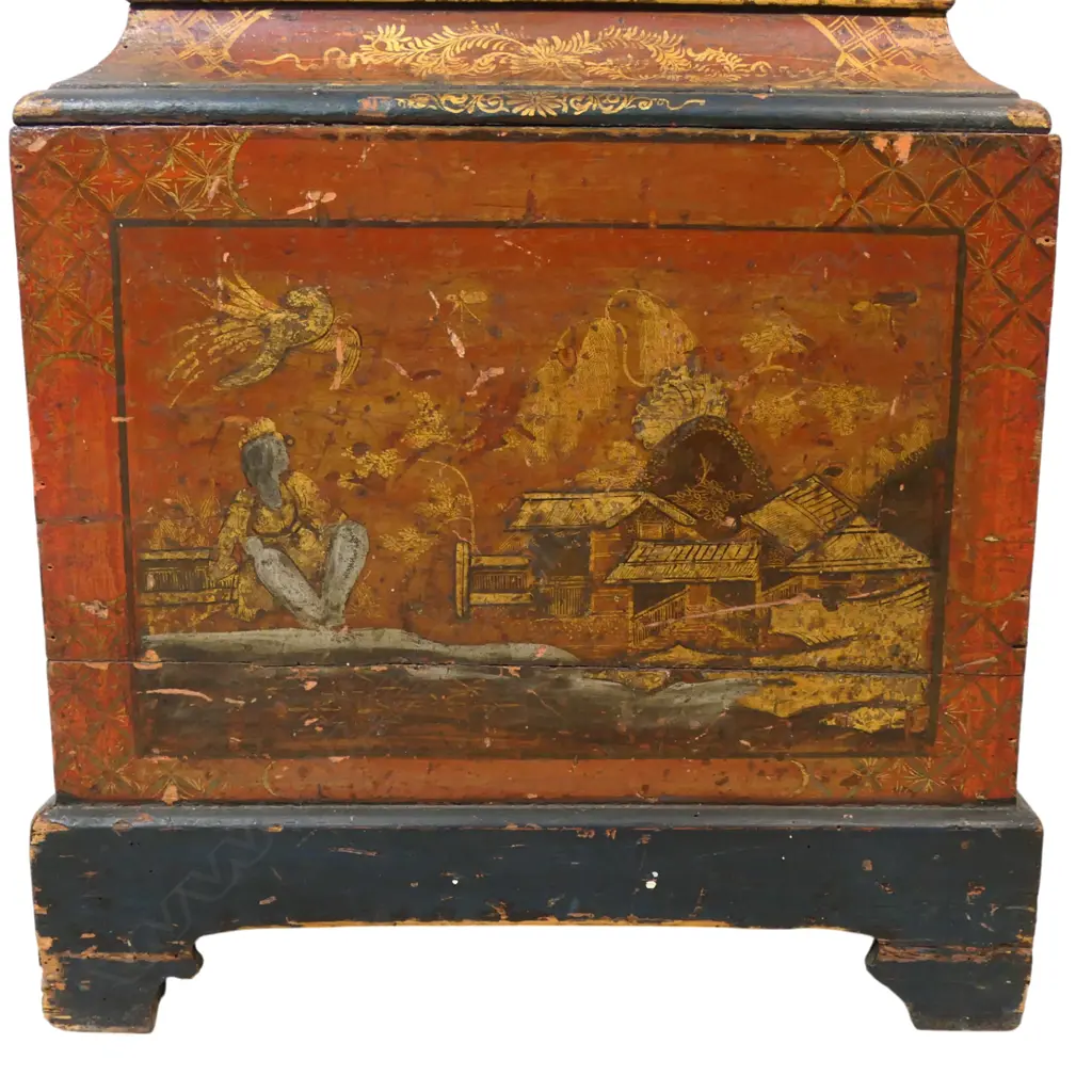 An 18thC red chinoiserie decorated pagoda top longcase clock, Image 1++