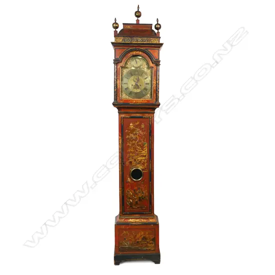 An 18thC red chinoiserie decorated pagoda top longcase clock,