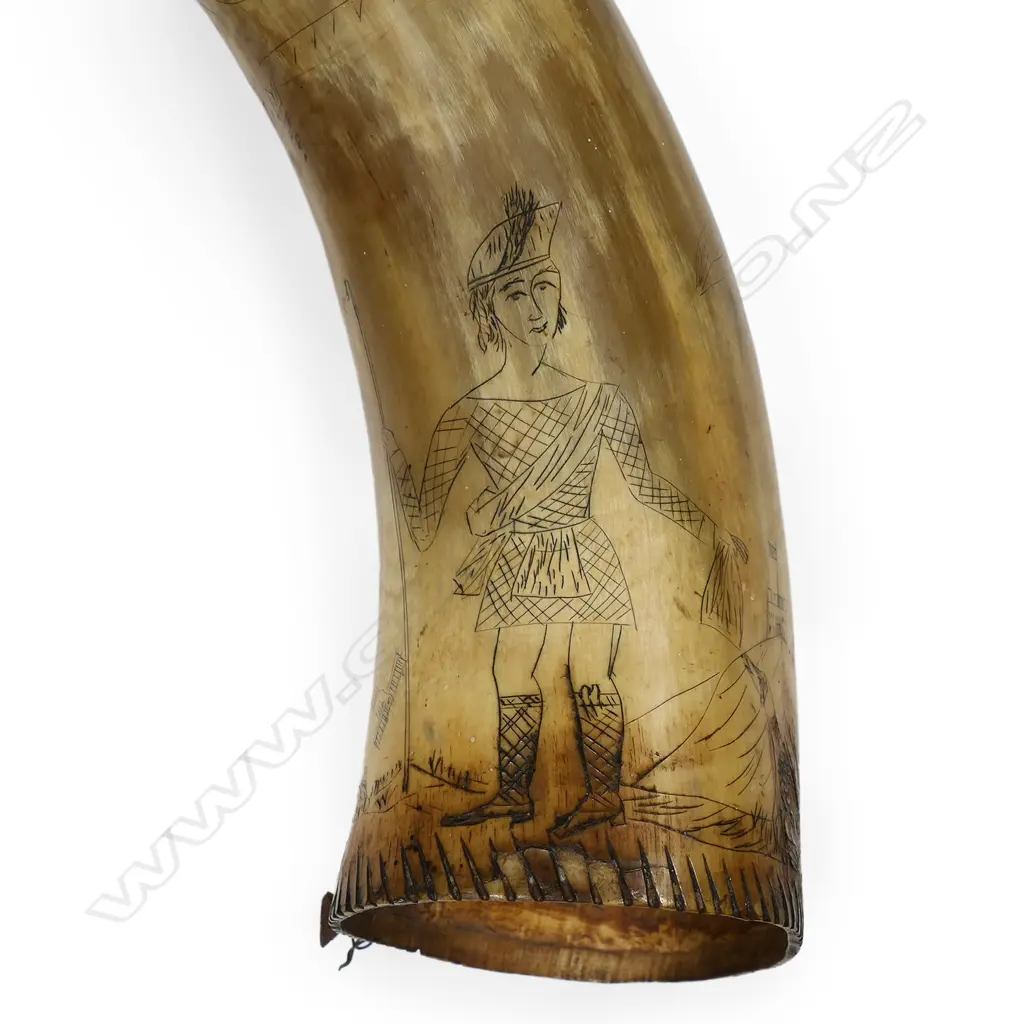 Large 1800s bullock horn scrimshaw, Image 1++