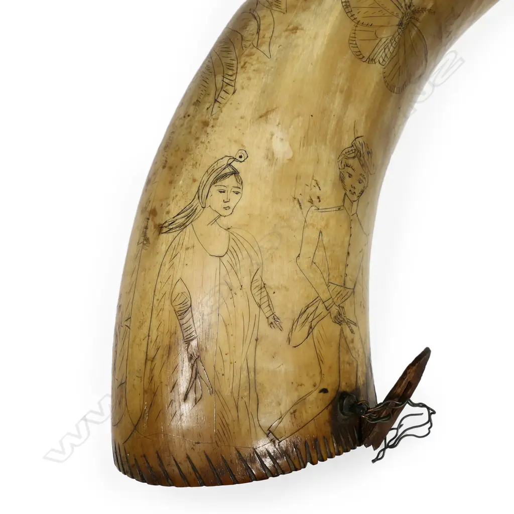 Large 1800s bullock horn scrimshaw, Image 1++