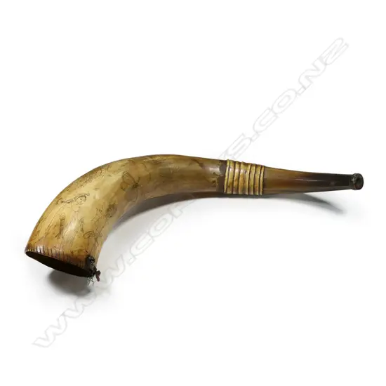 Large 1800s bullock horn scrimshaw,