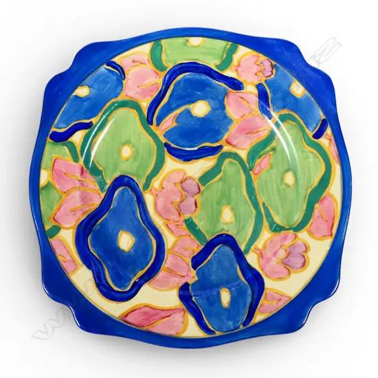 Clarice Cliff Bizarre 'Blue Chintz' pattern plate, 8" Leda shape. Printed marks to reverse. Professional restoration. Dia.203mm.