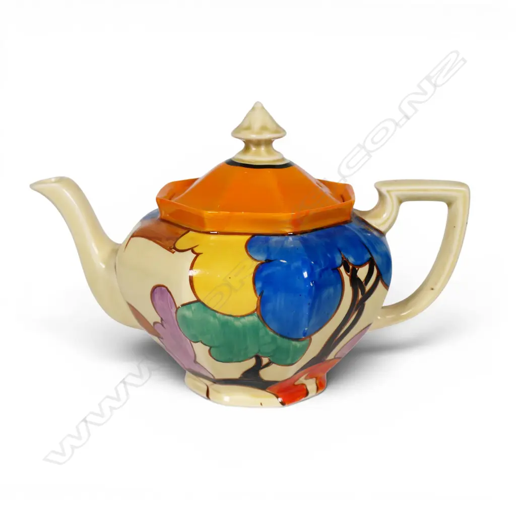 Clarice Cliff Bizarre 'Blue Autumn' Athens shape teapot, Image 1++
