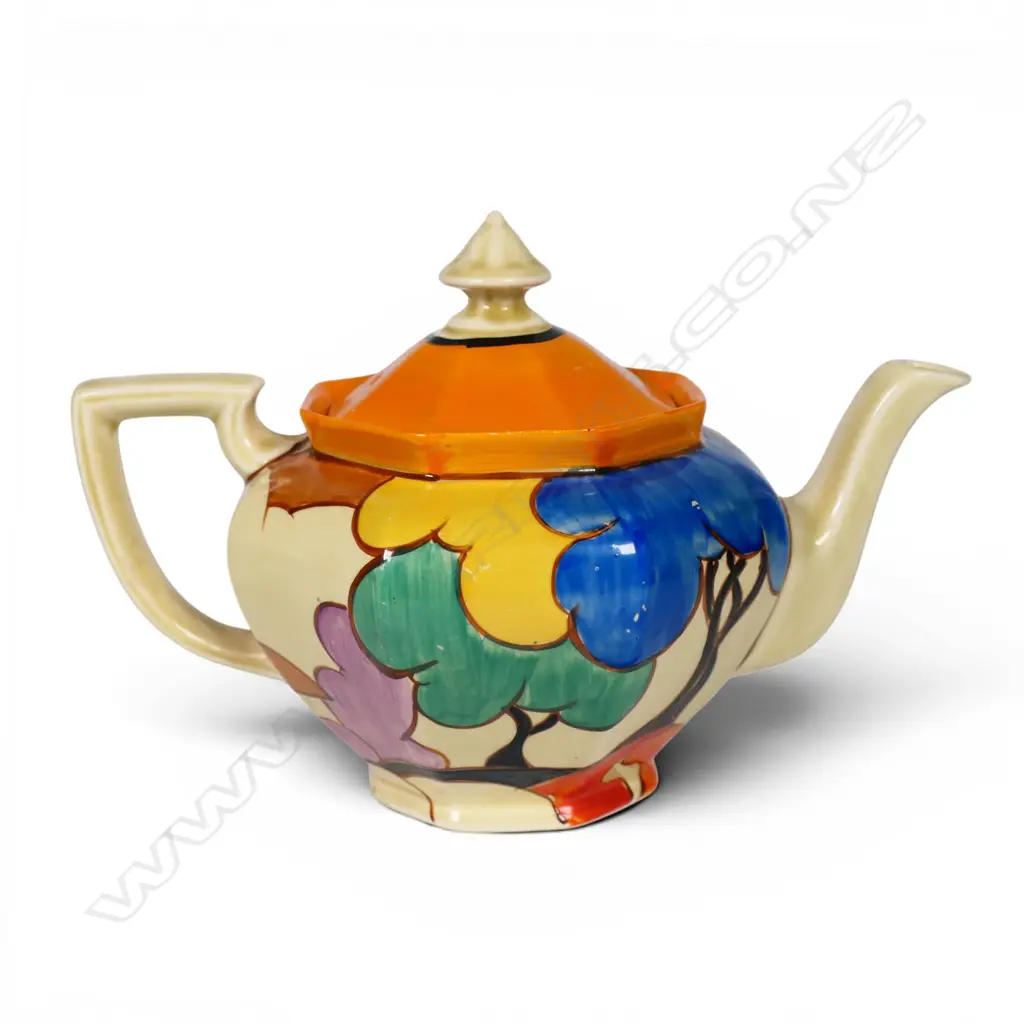 Clarice Cliff Bizarre 'Blue Autumn' Athens shape teapot, Image 1++