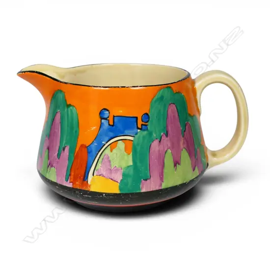 Clarice Cliff Bizarre 'Applique Avignon' pattern Crown shape jug,