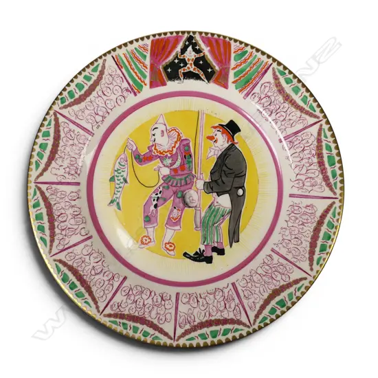 Clarice Cliff Bizarre 'Two Clowns Fishing' Circus plate designed by Laura Knight,