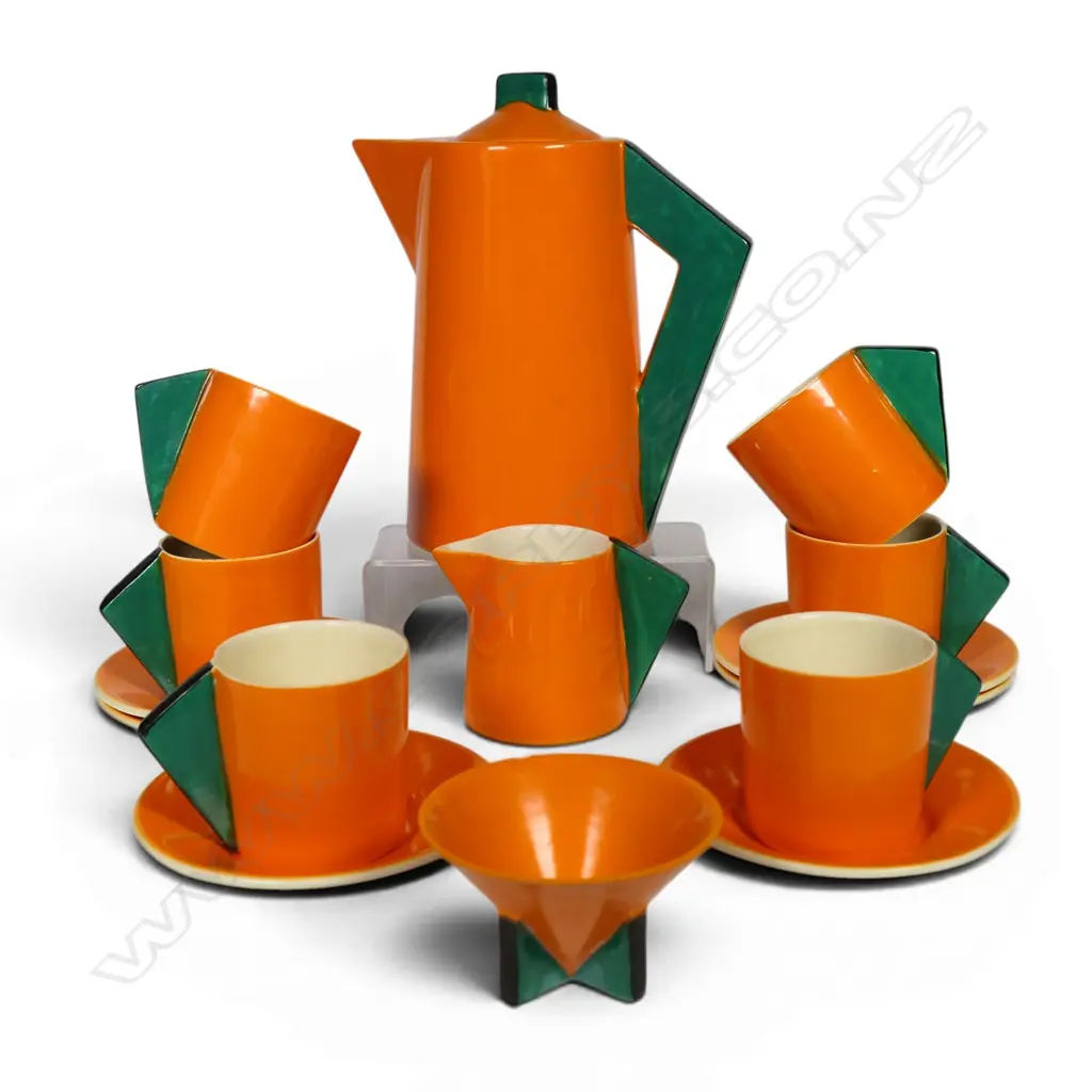 Clarice Cliff rare and complete 15 piece 'Yoohoo' conical coffee set, Image 1++
