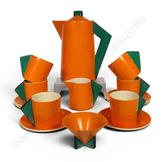 Clarice Cliff rare and complete 15 piece 'Yoohoo' conical coffee set,