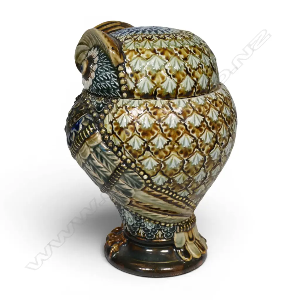 A 19thC Doulton Lambeth stoneware lidded owl (tobacco) jar, Image 1++