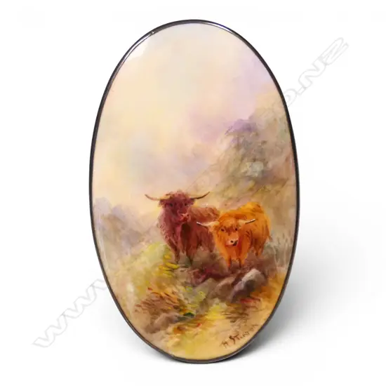 A Royal Worcester H. Stinton Highland Cattle painted porcelain panel with mirror back,