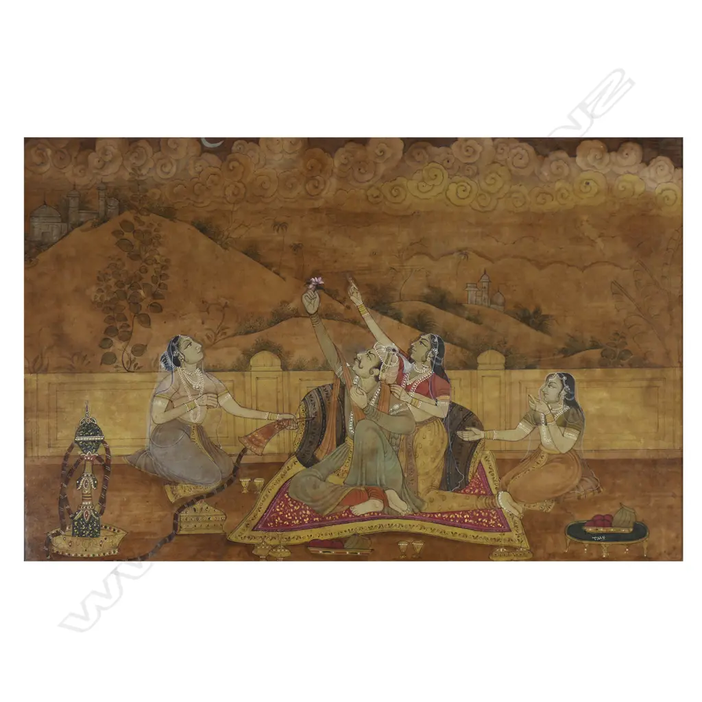 An Indian painting of a Mughal prince holding a lotus flower surrounded by women, Image 1++