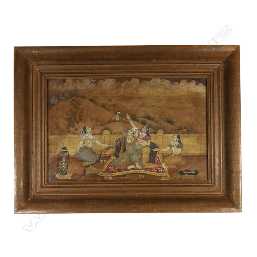 An Indian painting of a Mughal prince holding a lotus flower surrounded by women, Image 1++