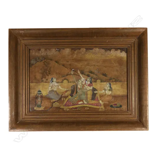 An Indian painting of a Mughal prince holding a lotus flower surrounded by women,