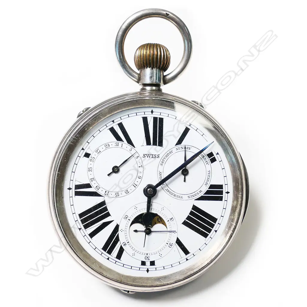 A large Swiss 8-day nickel cased pocket watch, Image 1++