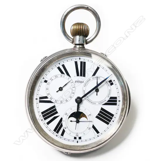 A large Swiss 8-day nickel cased pocket watch,
