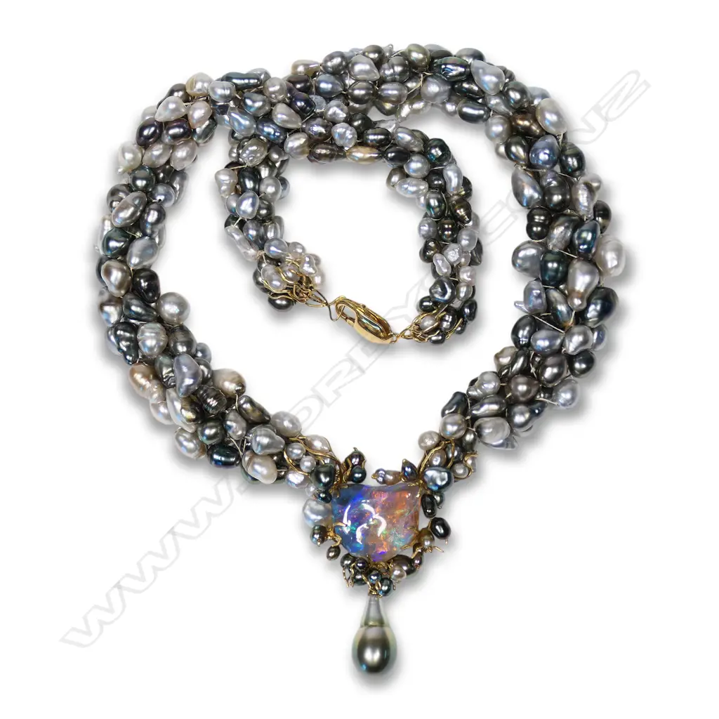 An original Simon Misdale 18ct gold pearl and opal necklace, Image 1++