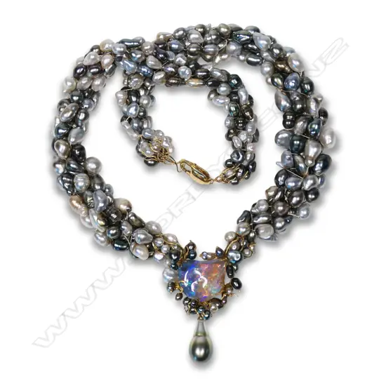 An original Simon Misdale 18ct gold pearl and opal necklace,