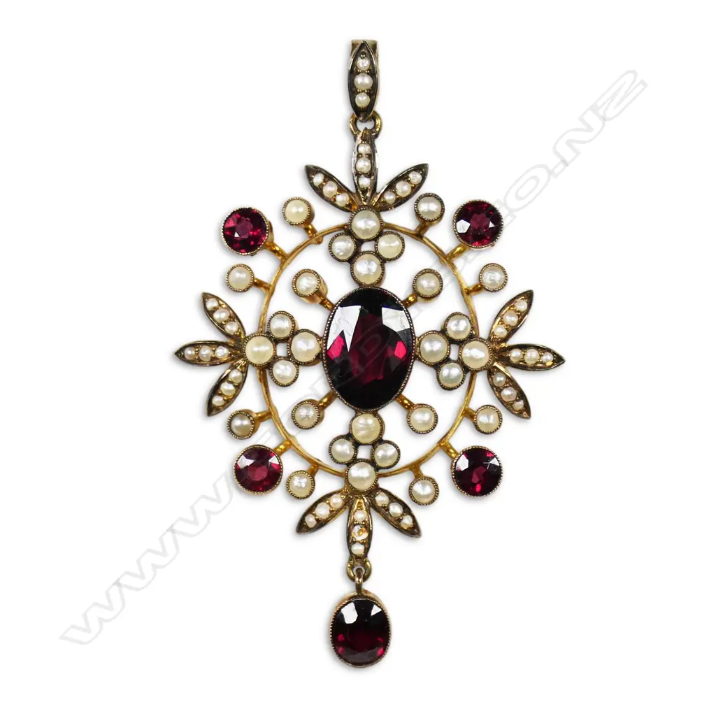 Quality Edwardian 9ct gold almandine garnet and seed pearl large pendant, Image 1++