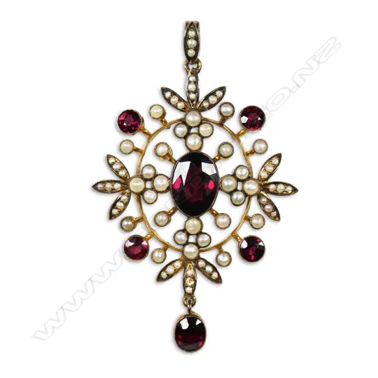 Quality Edwardian 9ct gold almandine garnet and seed pearl large pendant,