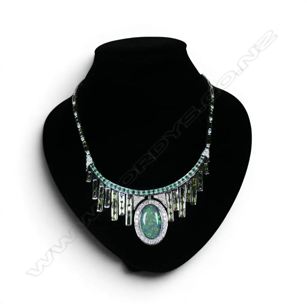 An 18ct white gold Art Deco revival opal green sapphire emerald and diamond necklace, Image 1++