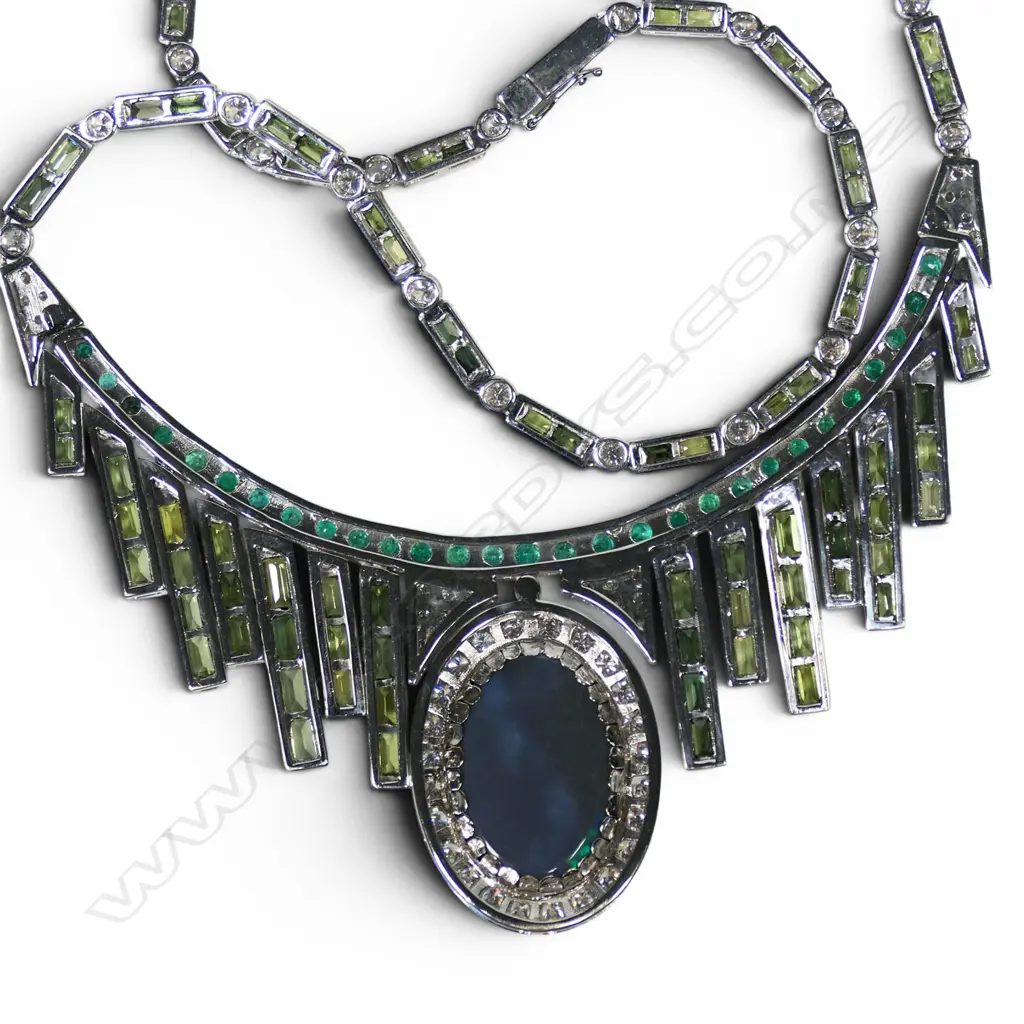 An 18ct white gold Art Deco revival opal green sapphire emerald and diamond necklace, Image 1++