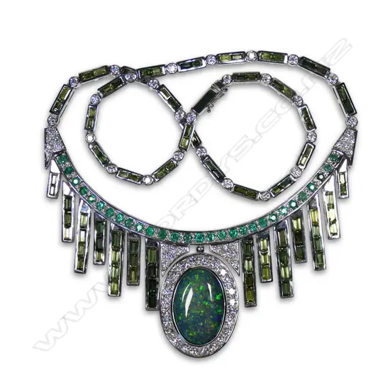 An 18ct white gold Art Deco revival opal green sapphire emerald and diamond necklace,