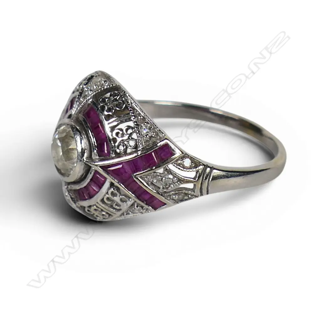 A 14ct white gold ruby and diamond Art Deco style dress ring, Image 1++