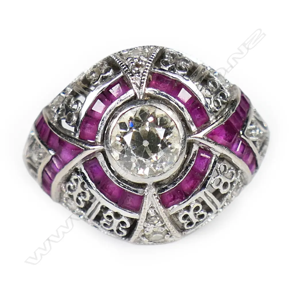 A 14ct white gold ruby and diamond Art Deco style dress ring, Image 1++