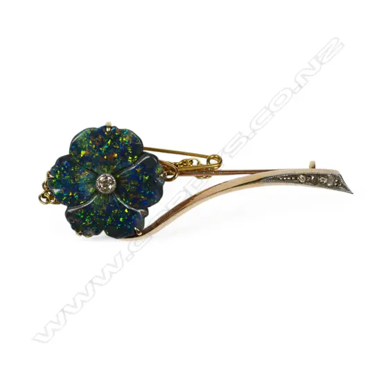 A 15ct gold opal and diamond brooch,
