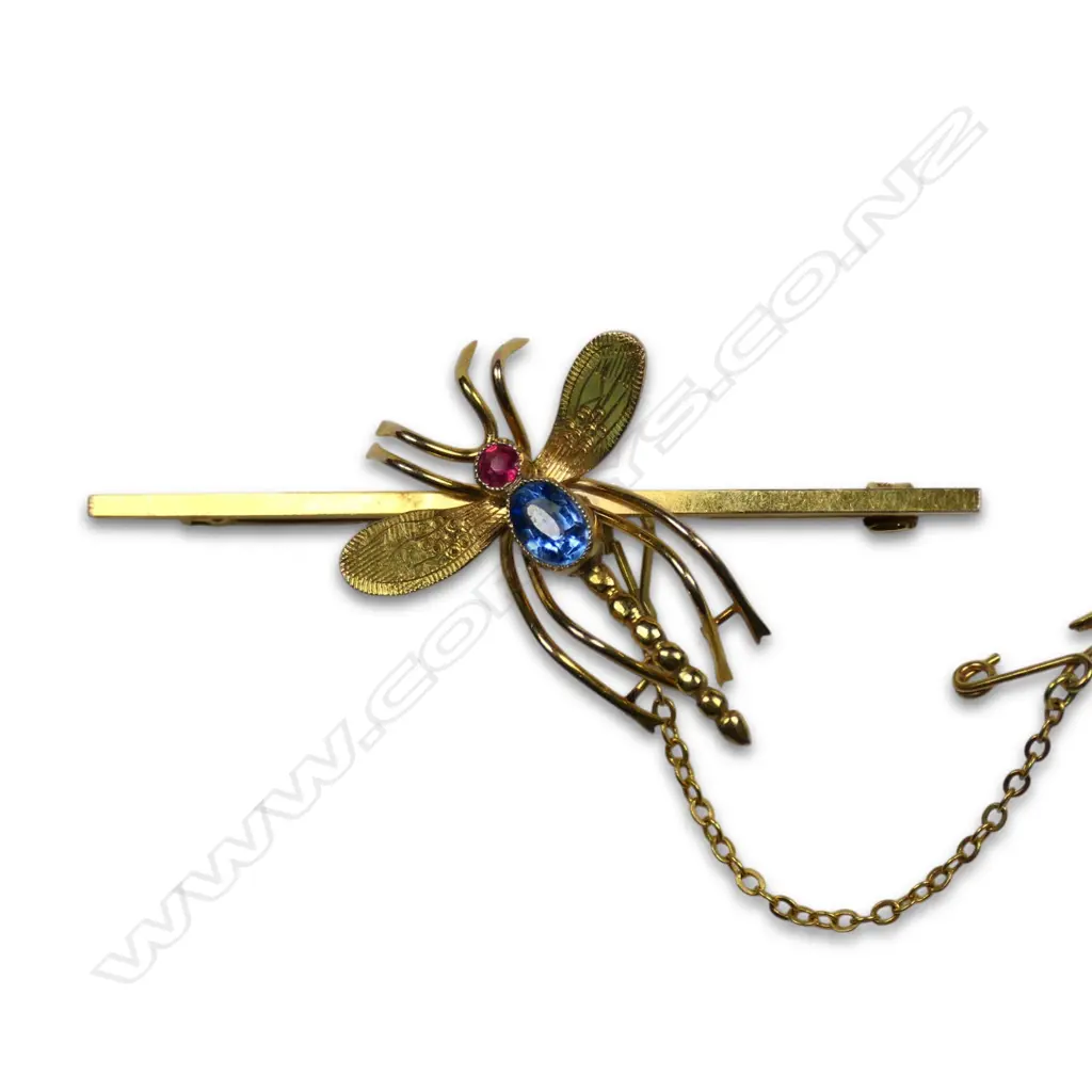 Vintage 9ct gold and gem set dragonfly bar brooch, Image 1++