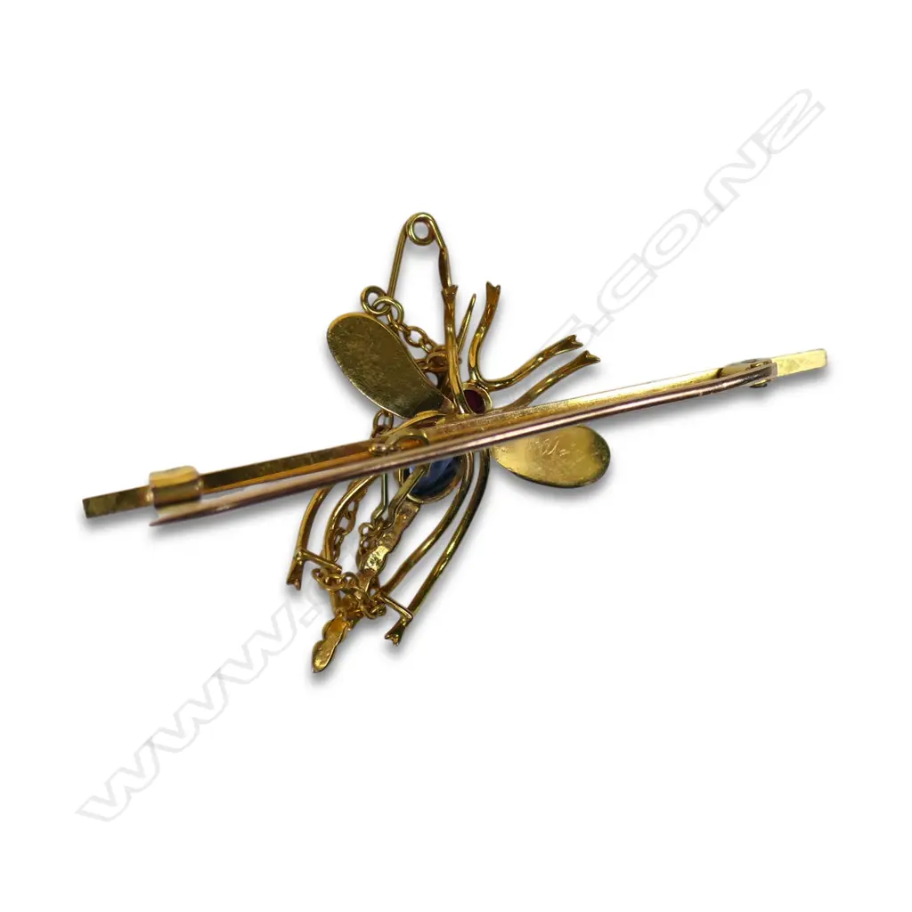 Vintage 9ct gold and gem set dragonfly bar brooch, Image 1++