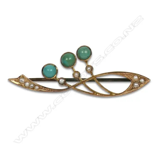 Stylish Art Nouveau 15ct gold turquoise and seed pearl brooch,
