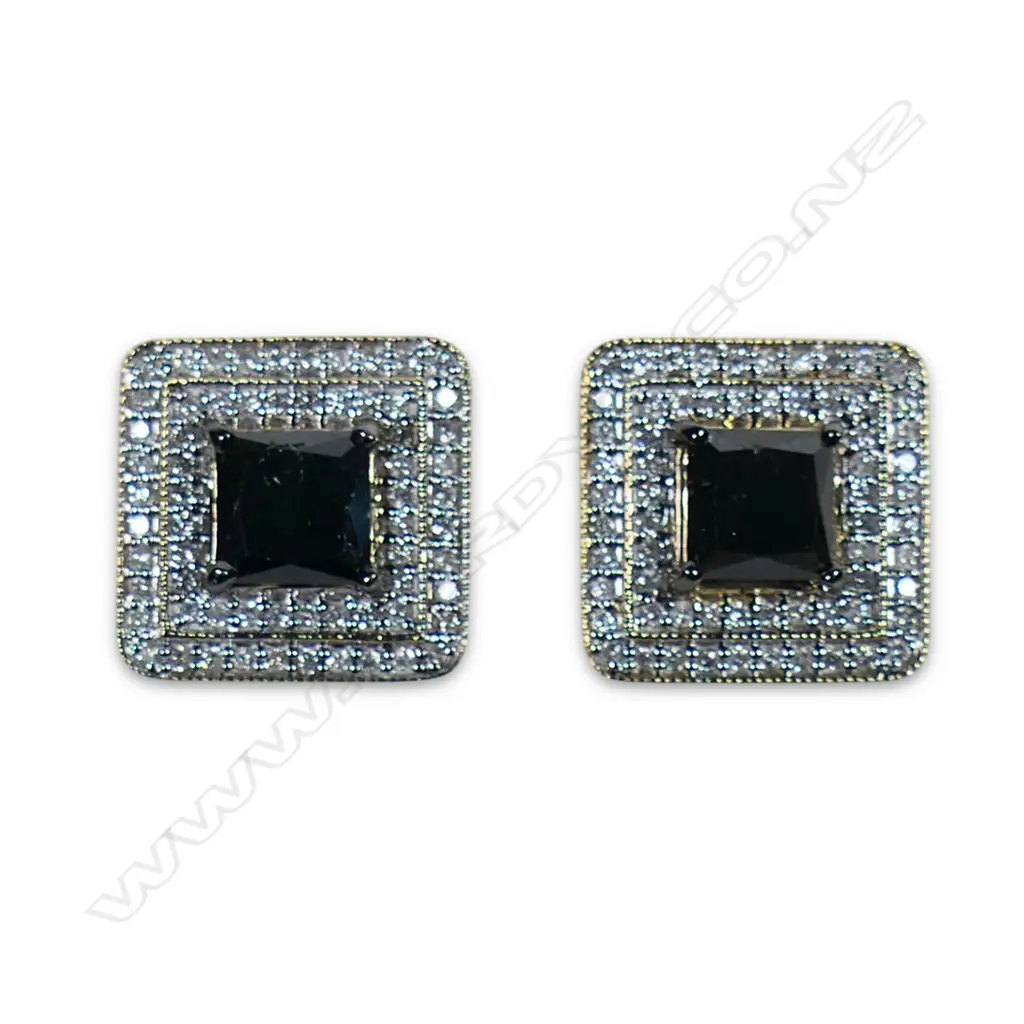 A pair of yellow white and black gold double halo diamond earrings, Image 1++