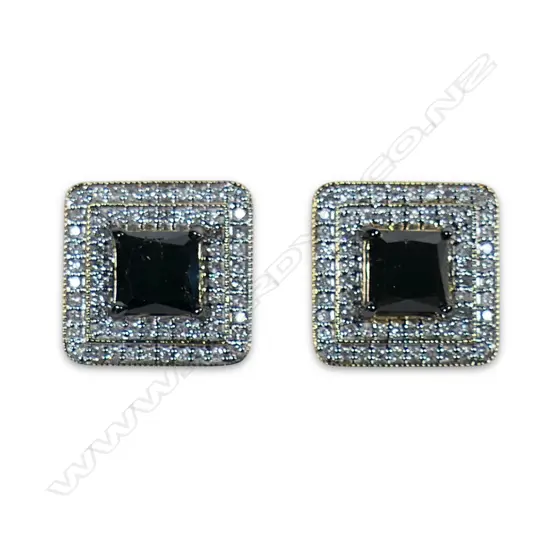 A pair of yellow white and black gold double halo diamond earrings,