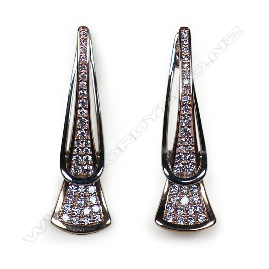 A pair of 14ct rose/white gold and pink diamond drop earrings, Image 1++