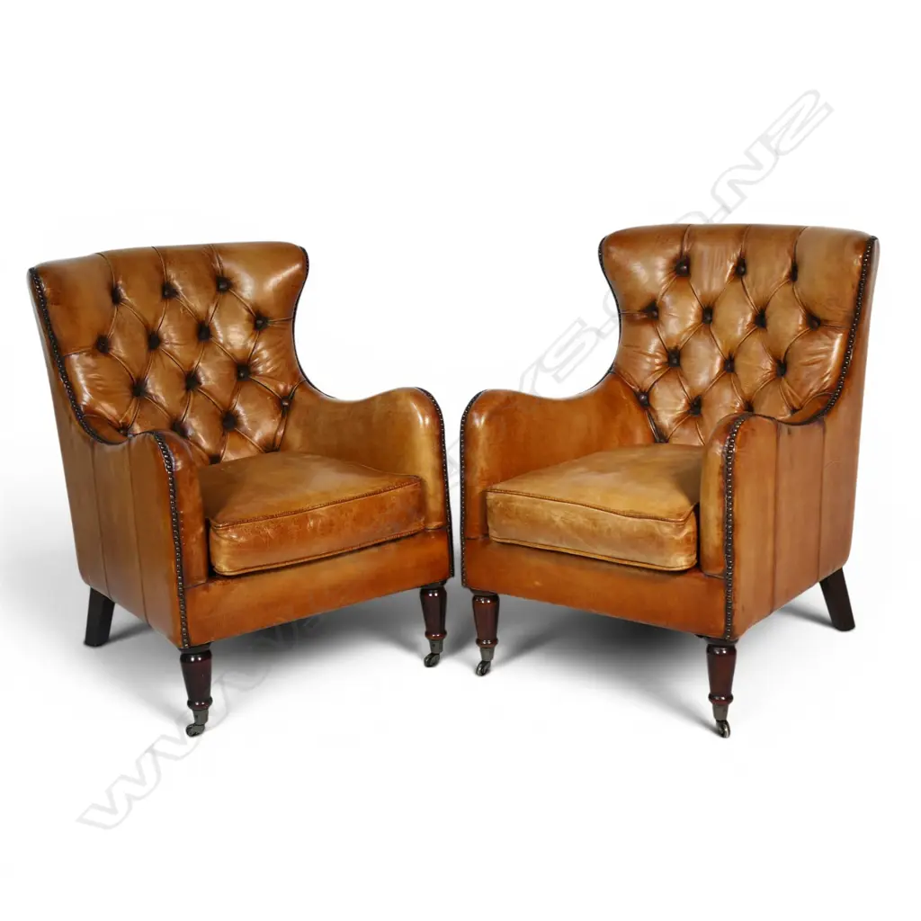 A pair of elegant antique style wingback leather armchairs, Image 1++