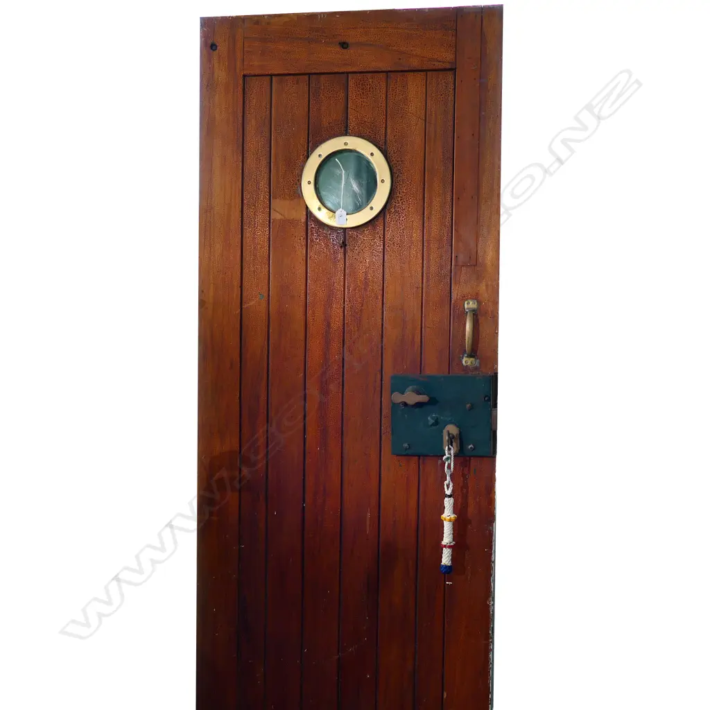 An early 20thC thick plank teak door from the Royal N.Z. navy prison (the brig) Devonport, Image 1++