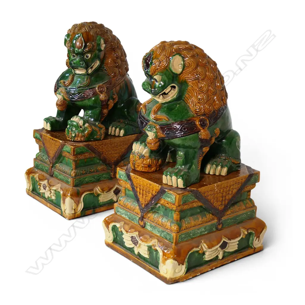 A pair of large vintage Chinese sancai glazed fu dogs on stands, Image 1++
