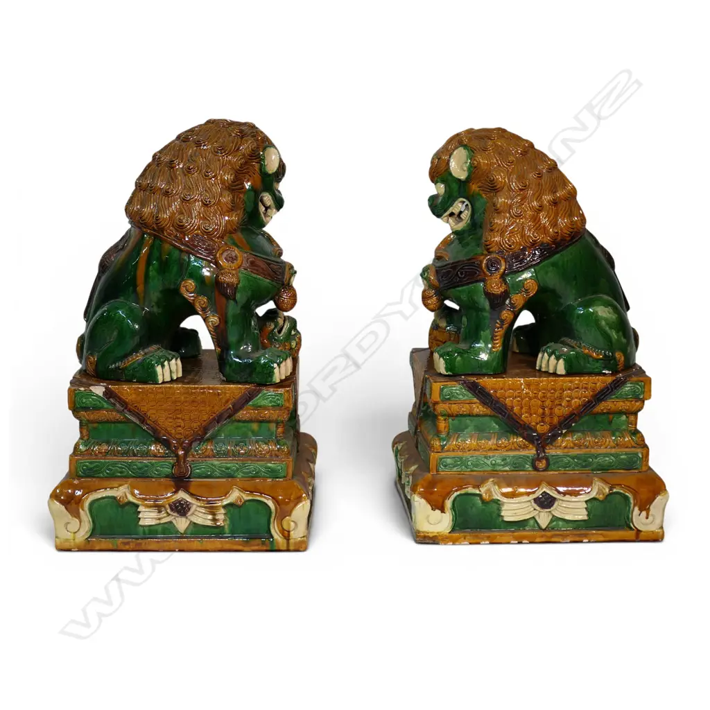 A pair of large vintage Chinese sancai glazed fu dogs on stands, Image 1++