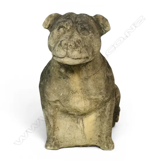 A classical Church Stone Staffordshire Bull terrier garden ornament,