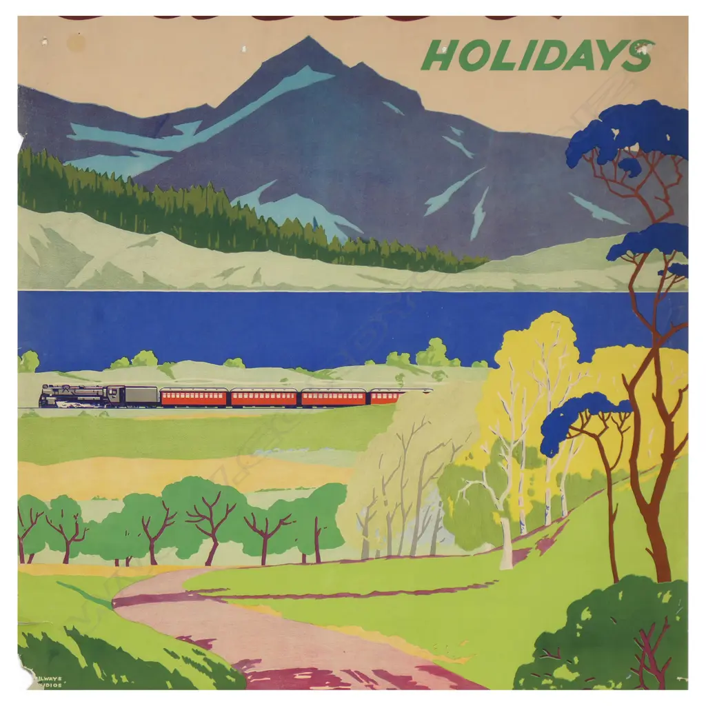 Vintage 1930's NZ Railways 'Easter Holidays by Train' poster, Image 1++