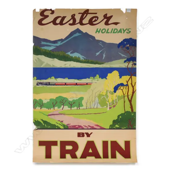 Vintage 1930's NZ Railways 'Easter Holidays by Train' poster,