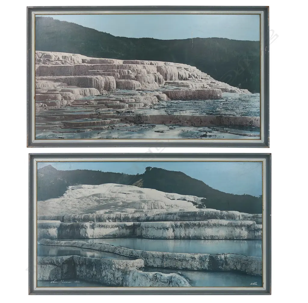 A pair of vintage Whites Aviation hand coloured photos of the Pink and White Terraces, Image 1++