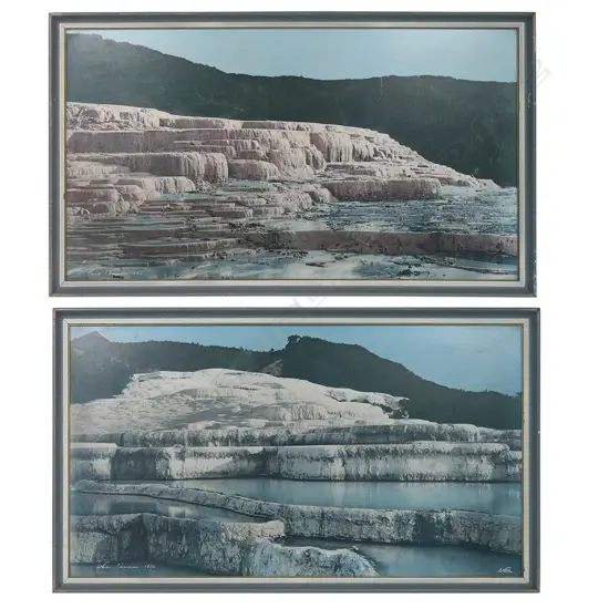 A pair of vintage Whites Aviation hand coloured photos of the Pink and White Terraces,