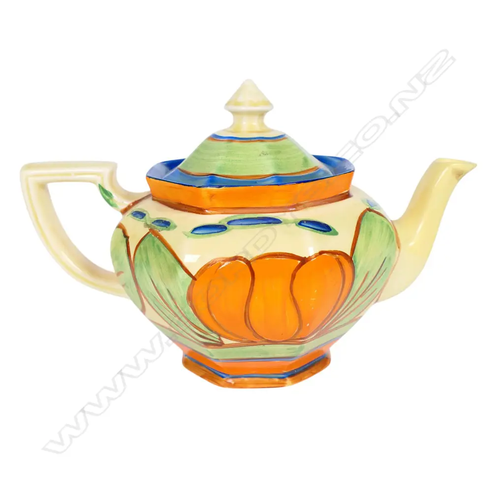 Clarice Cliff Fantasque 'Orange Lily' small Athens shape teapot, Image 1++