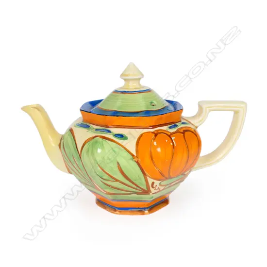 Clarice Cliff Fantasque 'Orange Lily' small Athens shape teapot,